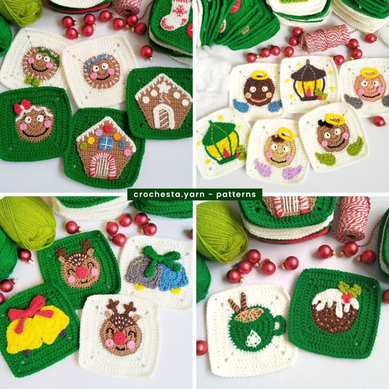 Collection of crocheted granny squares patterns with Christmas-themed designs on a white background.