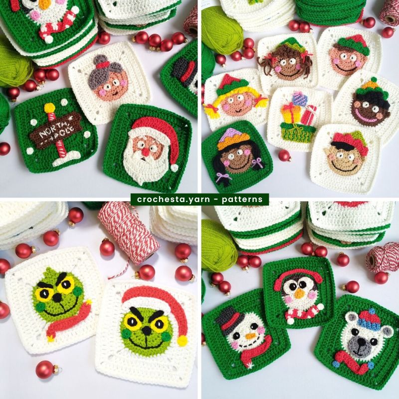 Collection of crocheted Christmas-themed granny squares with various characters on a white background.