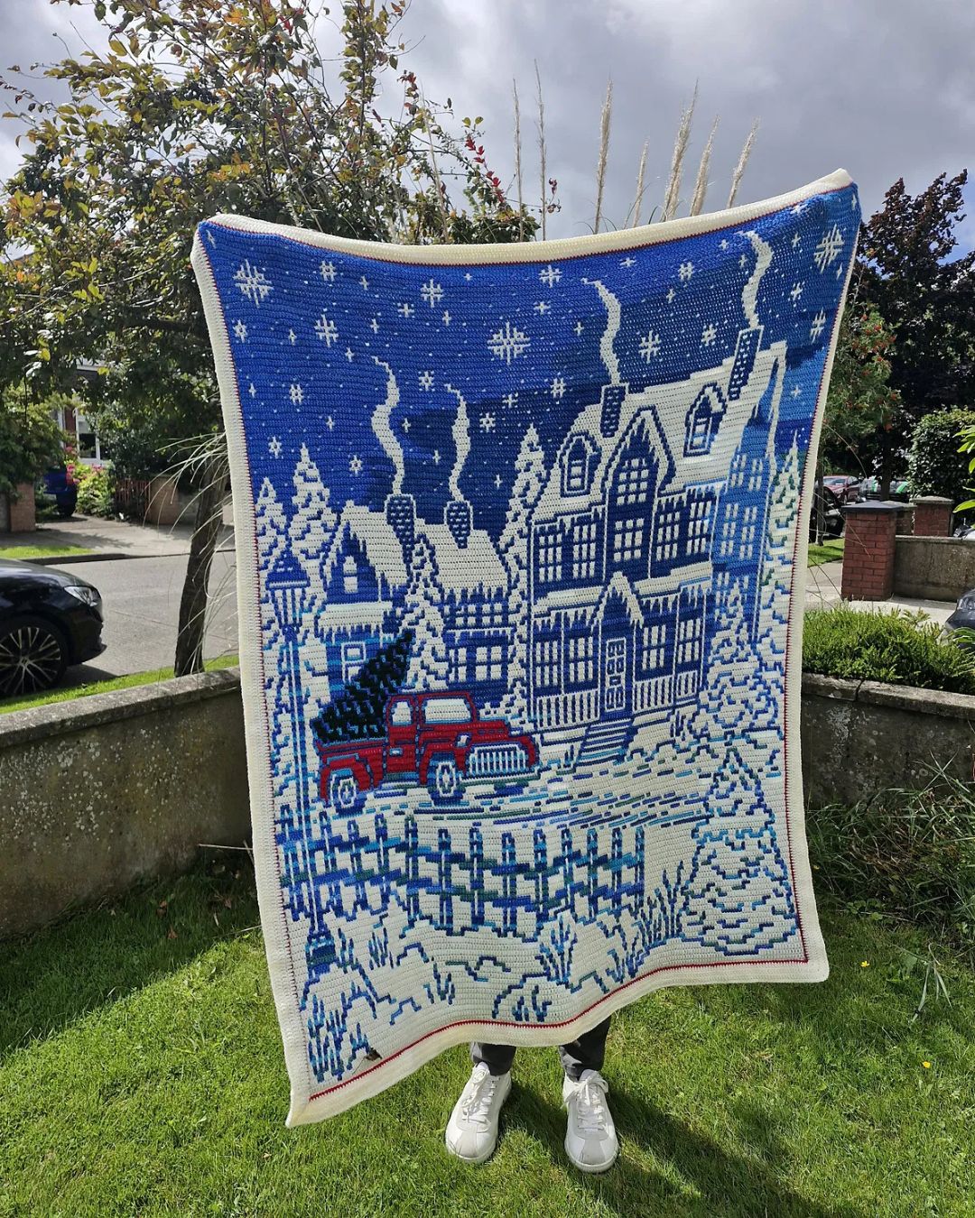 Home for Christmas crochet blanket with winter village design