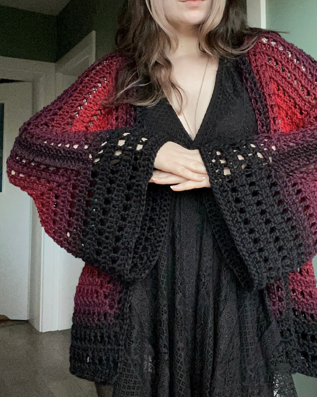 Hexagon cardigan crochet pattern finished handmade cardigan in red and black tones