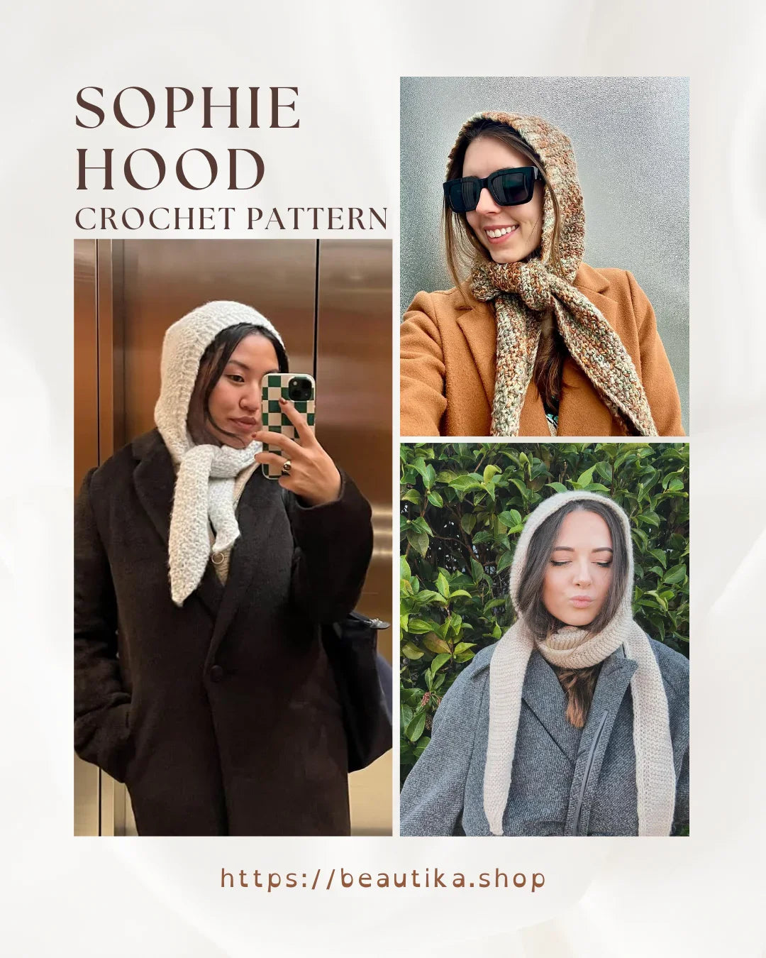 Female model wearing soft crochet hood made from Sophie Hood pattern – winter-ready look.