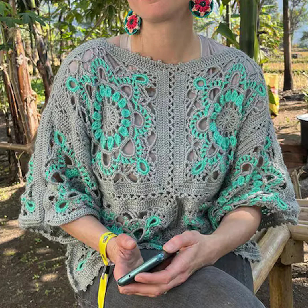 Woman wearing handmade Turkish granny square crochet top